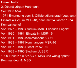 Unser Autor 2. Oberst Jürgen Hartmann Seit 1968 NVA 1971 Ernennung zum 1. Offiziersdienstgrad (Leutnant)  Einsatz als ZF im MSR-18, dann mit 24 Jahren 1974 Kompaniechef Von 1977 – 1980 Studium MAK „Friedrich Engels“ Von 1980 – 1981  Einsatz im MSR-16  Von 1981 – 1983 Kommandeur AB-11 Von 1983 – 1987 Kommandeur MSR-16 Von 1987 – 1988 Dienst im AZ -10 Von 1988 – 1990 Studium UdSSR 1990 Einsatz als StKSC 4. MSD und wenig später Kommandeur 4. MSD